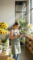 Young Caucasian female florist in green apron using tablet in modern flower shop with sunflowers and plants for small business management.