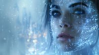 Young Asian woman face with digital technology overlay and glowing particles in blue tones, representing artificial intelligence and future technology.
