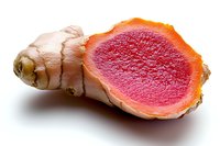 Fresh ginger root cut in half showing vibrant pink flesh inside, isolated on white background for food and culinary concepts.