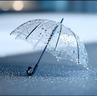 Clear transparent umbrella covered in water drops against blurred blue background, creating atmospheric rainy day mood for weather and protection concepts.