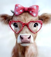 Adorable brown cow wearing red polka dot heart-shaped glasses and matching bow, painted in soft watercolor style on white background, ready for wall art and decor.
