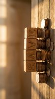 Wooden letter blocks spelling EASY with stacked coins on rustic wood surface in warm sunlight for financial planning and investment concepts.