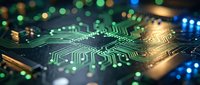 Close-up of circuit board with glowing green and blue lights, showcasing microchip technology and electronic components for computing, data processing, and digital innovation concepts.