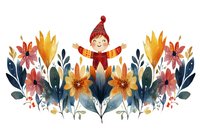 Cheerful character in red winter outfit surrounded by watercolor floral arrangement featuring orange and pink blooms, navy leaves in decorative composition.