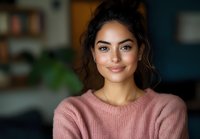 Young Hispanic woman with natural makeup wearing pink sweater smiles warmly at camera. Dark wavy hair styled casually. Soft bokeh background creates intimate portrait atmosphere.