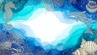 Ocean underwater scene with seahorse, dolphin, shells and coral decorative border frame on blue gradient background for marine themed designs.