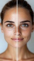 Close-up portrait showing skin texture comparison with freckles and clear complexion split down middle, demonstrating skincare or beauty treatment results.