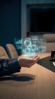 Businessman hand displaying holographic efficiency optimization interface with gears and analytics in modern office workspace for productivity enhancement.