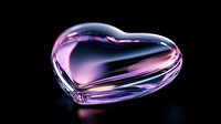 Transparent glass heart with pink and purple reflections on dark background, romantic crystal shape with smooth glossy surface and light refractions.