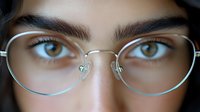Close up view of brown eyes behind round metal frame glasses, showing expressive eyebrows and clear vision focus against blurred background.
