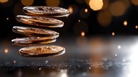 Stacked copper coins falling in motion against dark background with bokeh lights, dramatic financial concept for wealth and investment.