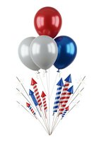 Patriotic balloons in red, white, and blue with striped fireworks and sparklers on white background, isolated design element for holiday celebrations, events, and promotional materials.