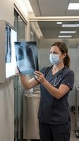 Female doctor examining chest x-ray film in modern hospital corridor wearing surgical mask and stethoscope for medical diagnosis and healthcare consultation.