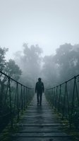 Person walking alone on wooden suspension bridge through misty forest landscape, suitable for travel, adventure, mental health, solitude, and nature exploration concepts.