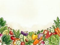 Assorted fresh vegetables arranged in decorative border on cream background, including tomatoes, peppers, carrots, cucumbers, leafy greens and root vegetables. Suitable for food, nutrition and healthy eating designs.