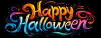 Colorful gradient lettering Happy Halloween text with swirling decorative elements and neon glow effect on black background. Festive seasonal greeting design.