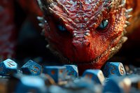 Red dragon head with glowing blue eyes looming over shimmering blue gaming dice against dark background, creating mystical tabletop gaming atmosphere.