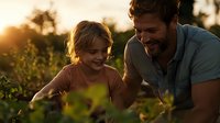 Caucasian father and son share joyful moment while gardening together during golden sunset, expressing genuine happiness and family bonding in backyard garden setting.