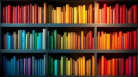 Colorful books arranged by spectrum colors on wooden shelves creating rainbow pattern. Organized library collection displays vibrant spines from blue to red tones.