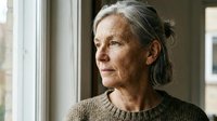 Senior woman with gray hair in bun, wearing knit sweater, gazing thoughtfully out window. Mature female portrait for editorial, lifestyle, aging, and wellness content.