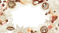 Coffee frame with beans, latte art, cups and floral elements on white background. Decorative border for cafe menu, coffee shop branding and beverage marketing.