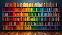 Colorful library bookshelf with rainbow organized books on wooden floor. Educational knowledge concept for learning, reading and literature collection.