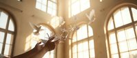 Hands releasing white doves in sunlit room with arched windows symbolizing peace, freedom, hope and spiritual liberation in warm golden light.