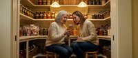 Two women sitting in organized pantry sharing snacks and laughing together. Modern home storage solution with wooden shelves full of jars and food items.