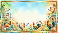 Watercolor farm scene with rooster, hens, chicks, and eggs framed by flowers, with copy space for text or greeting card design.