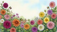 Colorful dahlia flowers border frame with green foliage on watercolor background. Floral garden design for greeting cards, invitations, decorations.