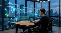 Cybersecurity professional monitoring digital security systems with holographic interface displaying zero trust and data protection protocols in modern office.
