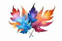 Vibrant autumn maple leaves in gradient colors from deep blue to orange and red, arranged artistically on white background, isolated botanical illustration.