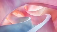 Soft flowing abstract curves in pastel pink and blue create gentle waves and organic shapes against dreamy gradient background. Modern minimalist design.