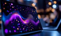 Digital wave visualization with vibrant purple and blue particles flowing across dark laptop screen against blurred bokeh background lights.