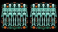 Glowing skeleton figures arranged in rows with pumpkins and autumn foliage on black background. Seamless pattern tiles into continuous Halloween-themed design.