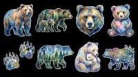 Watercolor bear sticker set isolated on transparent background, featuring grizzly, cub, paw prints, and floral designs, ready for t-shirts, clipart, and print on demand.