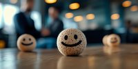 Glowing smiley face decorative balls on wooden table with blurred restaurant background create positive atmosphere and cheerful mood for hospitality business.