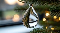 Glass teardrop ornament on Christmas tree branch with soft bokeh lights creating magical holiday atmosphere. Reflective surface captures warm glow.