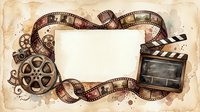 Vintage film reel frame with movie clapper and filmstrip border on aged paper background, suitable for cinema, entertainment, and media design projects.