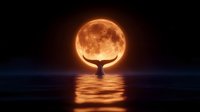 Mystical whale tail silhouette emerging from dark ocean water against giant orange full moon, creating illusion of holding lunar disk, with reflections on water surface.