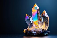 Colorful rainbow crystal cluster with prismatic reflections on dark background for spiritual healing and meditation practices.