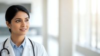 Young Indian female doctor in white coat with stethoscope smiling confidently in bright modern hospital corridor for healthcare marketing materials.