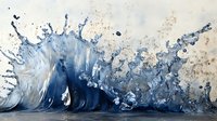 Ocean wave splash with dynamic water movement in deep blue and white tones, creating dramatic splashing effect against light background. Artistic fluid motion captured.