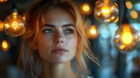 Young woman with red hair and blue eyes surrounded by glowing vintage light bulbs creating atmospheric bokeh effect in dark setting.