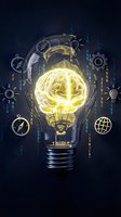 Glowing brain inside light bulb surrounded by gears and digital symbols on dark background, representing innovation, creativity, and intelligent technology solutions.