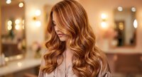 Young woman with long wavy blonde hair in modern salon with warm lighting. Professional hairstyling and beauty treatment concept for hair care advertising.