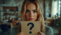 Young blonde woman with blue eyes holding brown cardboard with question mark symbol, wearing gray sweater in soft window light against blurred interior background.