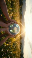 Hands holding transparent sphere with recycling symbols in sunlit meadow representing environmental protection and sustainability concepts.