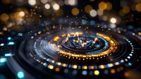Futuristic spiral technology background with glowing orange and blue lights, circular pattern and bokeh effect creates modern digital atmosphere.