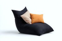 Modern lounge bean bag chair in black with beige and orange decorative pillows on white background, contemporary furniture design for home interior styling.